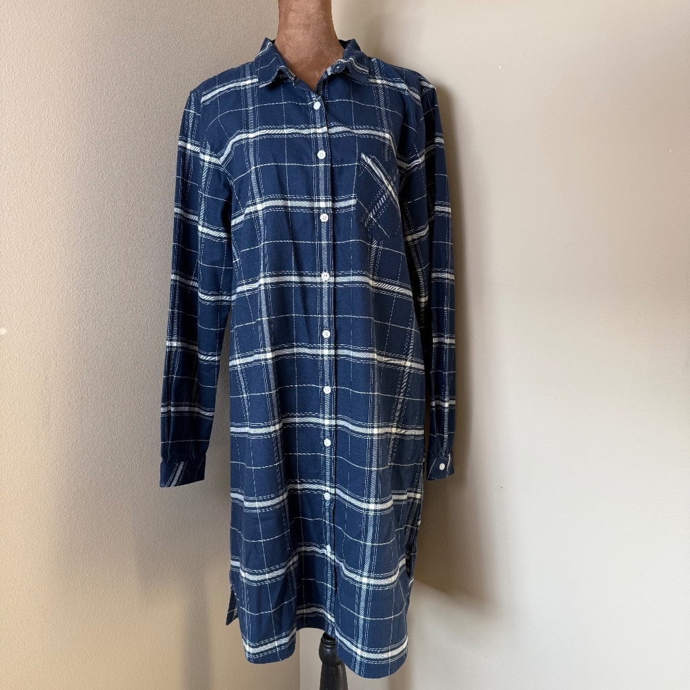 Garnet Hill Cotton Flannel Shirtdress Womens Large Ivory Blue Plaid Shirt Dress